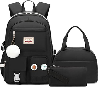 Spotted Tiger School Backpack for Girls Backpack with Lunch Box Anime Bookbag Set School Bag Kawaii Backpacks for Girls Teens (Black) - color: Black