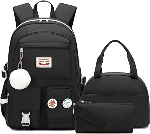 Spotted Tiger School Backpack for Girls Backpack with Lunch Box Anime Bookbag Set School Bag Kawaii Backpacks for Girls Teens (Black) - color: Black