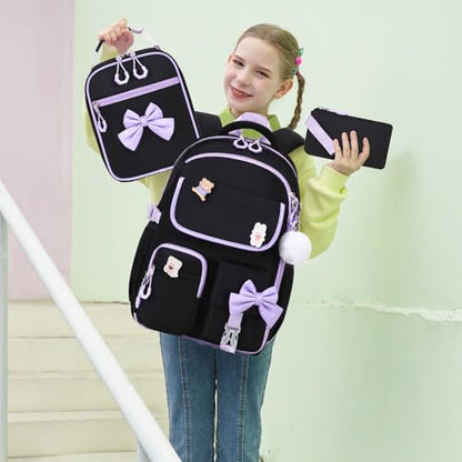 ACESAK Girls Backpack - 3PCS Backpack for Girls Cute School Backpacks for Girl Kindergarten Elementary Preschool Middle Kids School Bags with Lunch Box Pencil Case Set (Black-Purple) - color: Black Purple