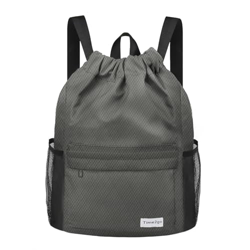 Waterproof Drawstring Backpack Sports Gym Sackpack with Mesh Pockets Water-Resistant String Cinch Beach Bag for Men Women - color: Solid - Gray