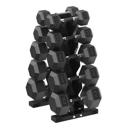 HANDBODE Hex Dumbbell Sets with Rack, 100-165 lb Rubber Encased Dumbbells for Strength Training, Exercise & Fitness, Home Gym Weight Set with Rack - style: 230 lb (10, 15, 25, 30, 35 lb) X 2 & Rack