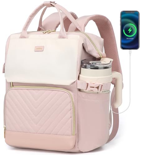 Computer Backpack for Women, Work Bag Laptop Bookbag with Cup Holder & USB Charger for Teacher Nurse College Travel Back Pack, Gifts, Beige Pink - color: Beige Pink, size: 15.6in