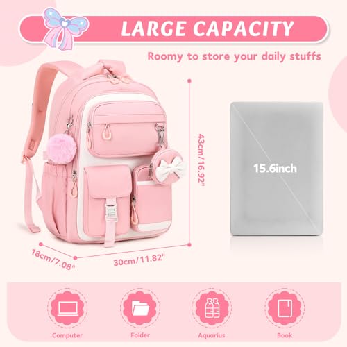 MUSEVOS Kids Backpack for Girls Aged 6-14, Kindergarten Elementary Middle School Backpack, Cute Bookbag Multi-Compartment, Water-resistant - color: Pink-white