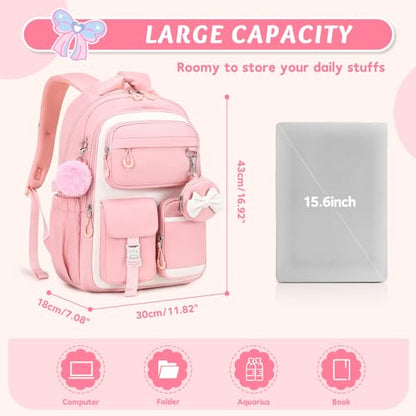 MUSEVOS Kids Backpack for Girls Aged 6-14, Kindergarten Elementary Middle School Backpack, Cute Bookbag Multi-Compartment, Water-resistant - color: Pink-white