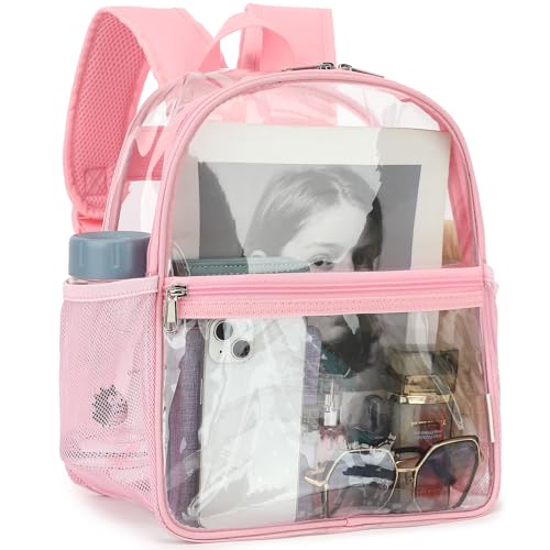 Fammart Clear Backpack Stadium Approved 12x6x12 - Kids & Small Adult Transparent Backpack for School, Work, Sports, Concerts - Clear Bag - color: Pink