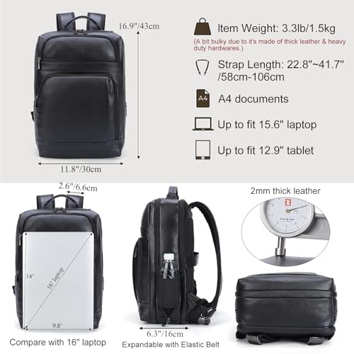 Masa Kawa Black Leather Laptop Backpack for Men Fits 16” 15.6” Computer, Business Travel Work Large Daypack Camping Weekender Bag - color: Black