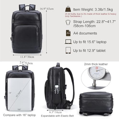 Masa Kawa Black Leather Laptop Backpack for Men Fits 16” 15.6” Computer, Business Travel Work Large Daypack Camping Weekender Bag - color: Black