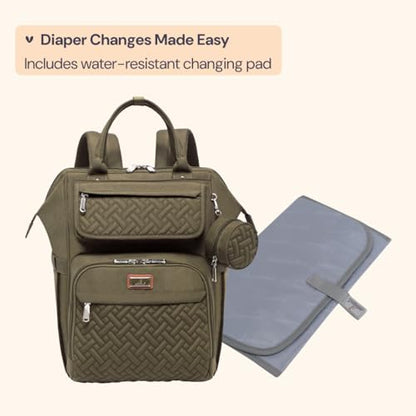 BabbleRoo Diaper Bag Backpack, Multifunction Nappy Changing Bag with Changing Pad, Stroller Straps & Pacifier Case, Unisex Stylish Travel Back Pack for Moms & Dads - Army Green - color: Army Green