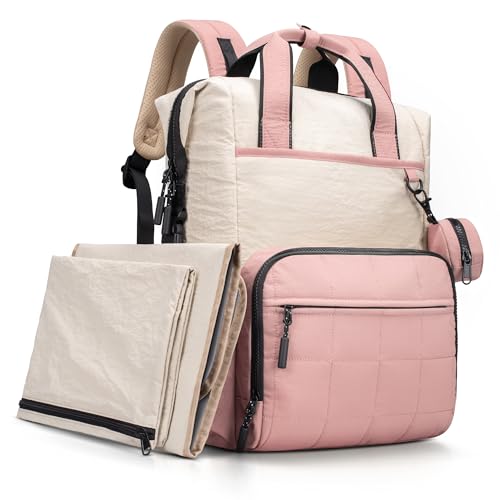 VONAL Diaper Bag Backpack, Lightweight Baby Diaper Bags, Travel Large Diaper Bag with Changing Station, Pink Diaper Backpack for Boys Girls Newborn with Insulated Pockets, Stroller Straps - color: Pink