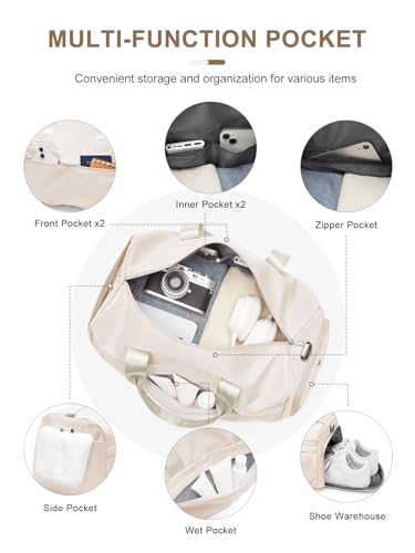Gym Bag for Women Men with Shoe Compartment, Sport Duffel Bag, Waterproof Travel Weekender Overnight Carry on Bag for Yoga with Trolley Sleeve, Beige - color: A6-Beige