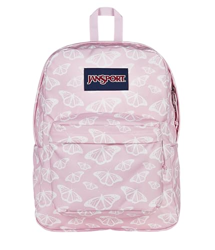 JanSport SuperBreak One Backpack - Durable, Lightweight Bag with 1 Main Compartment, Front Utility Pocket with Built-in Organizer, Premium Backpack, Flutter By - color: Flutter By Pink Ice/White/Pink Ice