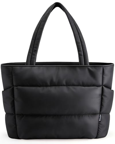 HOTOR Puffer Tote Bag for Women, Nurses - Multi-Pocket Lightweight Bag for Work - Quilted Handbag for Travel and Gym - color: Black, size: 18.1" × 6.3" × 11.8"