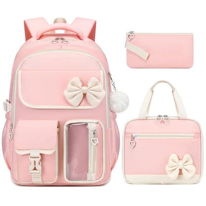 GeeWin Girls Backpack for School with Lunch Box & Pencil Case Set, 17 Inch Waterproof Cute Bow Girls Bookbag for Kids, Teens, Elementary Middle High College School Student (Pink/Beige) - color: Pink Beige