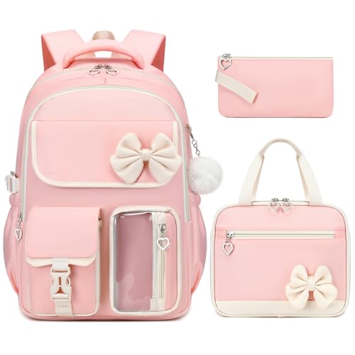 GeeWin Girls Backpack for School with Lunch Box & Pencil Case Set, 17 Inch Waterproof Cute Bow Girls Bookbag for Kids, Teens, Elementary Middle High College School Student (Pink/Beige) - color: Pink Beige