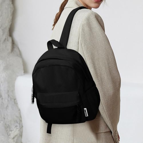 Women’s Small Backpack, Ladies Lightweight Corduroy Backpack, Casual Multi Compartments Travel Daypack Purse (Black) - color: Black