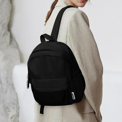 Women’s Small Backpack, Ladies Lightweight Corduroy Backpack, Casual Multi Compartments Travel Daypack Purse (Black) - color: Black