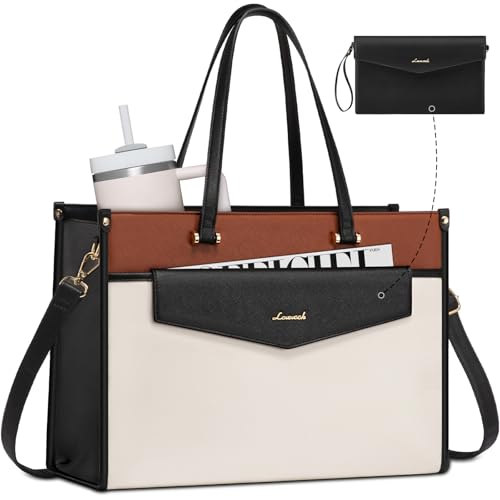 LOVEVOOK Laptop Bag for Women, 15.6'' Laptop Tote Purse 2-in-1 Professional Work Bag Business Briefcase with Clutch Purse, Waterproof Leather Computer Handbag for Teacher Office Travel - color: Black White Brown, size: 15.6 inch