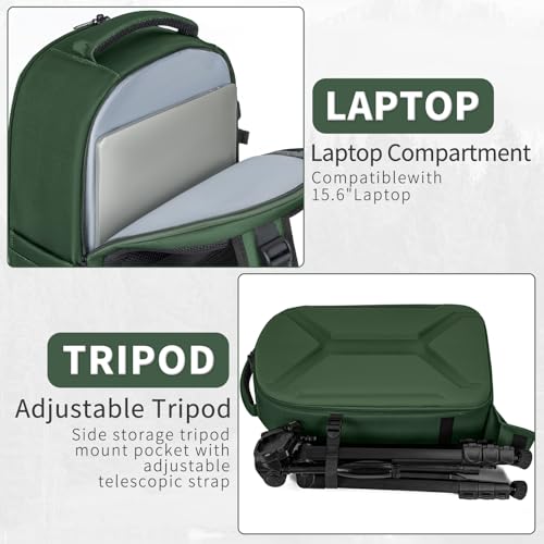Camera Backpack, Hardshell DSLR Photography Camera Bag with Rain Cover, Waterproof Hard Shell Camera Case with Tripod Holder & 15.6" Laptop Compartment Compatible with Canon/Nikon/Sony/DJI Mavic Drone - color: Green