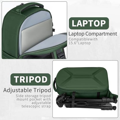 Camera Backpack, Hardshell DSLR Photography Camera Bag with Rain Cover, Waterproof Hard Shell Camera Case with Tripod Holder & 15.6" Laptop Compartment Compatible with Canon/Nikon/Sony/DJI Mavic Drone - color: Green