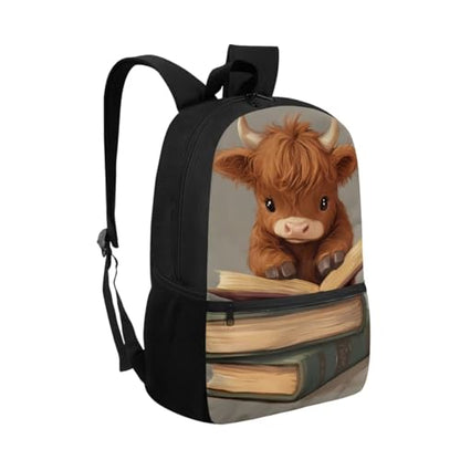 ZOUTAIRONG Cute Highland Cow Backpack for School Mini Thermos School Bags for Girls Boys 7-10/10-12/12-16, Large Capacity Casual Bookbag with Side Pockets - color: Cute Highland Cow