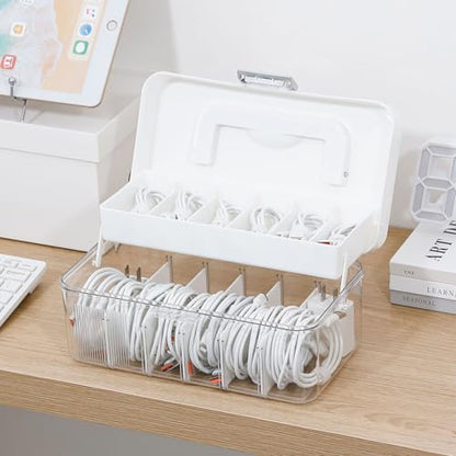 Large Cable Organizer Box with Lid, Plastic Cord Storage Case with Handle and Wire Ties for Home Office, Phone Charger, Art Crafts, Stationery - size: 1 Pack