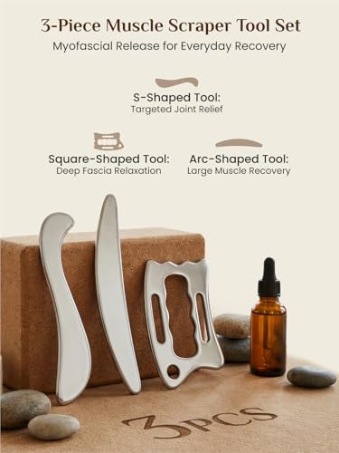 Rena Chris Muscle Scraper Tool Set, Stainless Steel Body Gua Sha for Physical Therapy, Deep Tissue Massage & Lymphatic Drainage, Travel Pouch & Guide Included (3-Piece Kit)