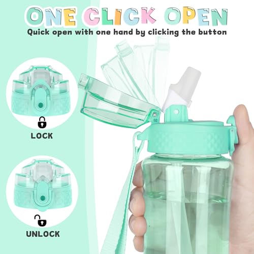 OLDLEY 12oz Kids Water Bottle, Tritan BPA-Free, Leakproof Flip Straw Lid, Motivational Time Marker, Carry Strap, Reusable Clear Water Bottle for Boys & Girls,Glow Green - color: Glow Green, style: 12 Ounces