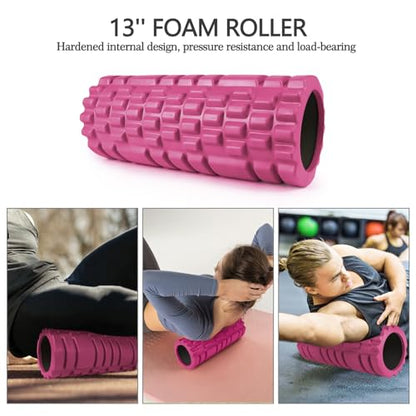 JOYENERGY 5 in 1 Foam Roller Set, Trigger Point Foam Roller Patented, Massage Stick, Massage Ball, Resistance Band for Deep Muscle Massage Pilates Yoga, Fitness Exercise for Whole Body - color: Rose Red