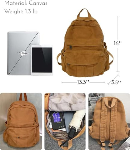 Light Brown Canvas Backpack for Women & Men Retro Aesthetic Rucksack Basic Backpack for High School/College Students Travel Laptop Bag - color: Mustard Yellow