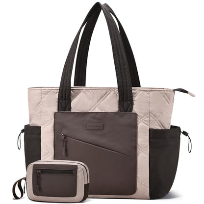 LOVEVOOK Tote Bag for Women, puffer tote bag for Work Travel Nurse, Lightweight quilted Bags with Compartments - color: ‎m-15.6 Inch-apricot-coffee