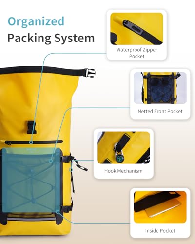 ECOHUB Waterproof Backpack for Women Men, 30L Roll-Top Closure Heavy Duty Dry Bag for Travel with IPX8 Waterproof Phone Case - color: Yellow