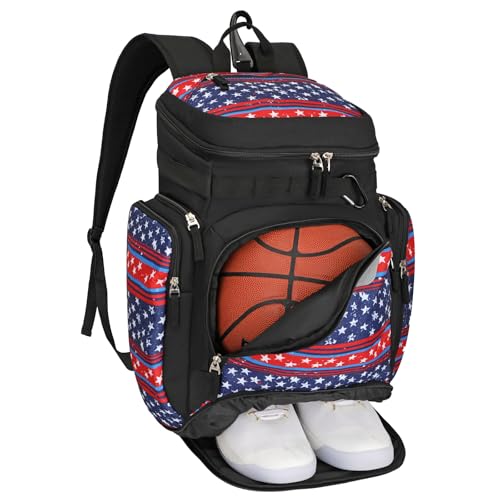 Goloni Basketball Backpack,Large Sports Bag with Ball Compartment & Shoe Compartment, Best for Basketball, Soccer - color: Blue Star