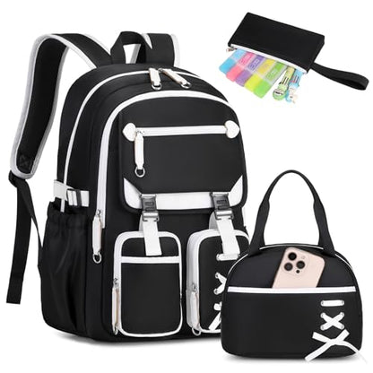 MOONBABY Girls Backpack with Lunch Box & Pencil Case for Kids Teens Bookbag for Elementary Primary Middle High School Daypack - color: Black-3pcs