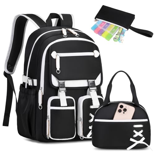 MOONBABY Girls Backpack with Lunch Box & Pencil Case for Kids Teens Bookbag for Elementary Primary Middle High School Daypack - color: Black-3pcs