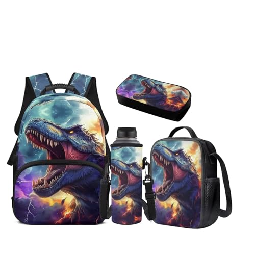 JEOCODY Dinosaur Backpack Kids School Bag for Girls Boys Bookbag with Lunch Box Pencil Pouch Water Bottle Holder Large Capacity Daypack for Travel Hiking Casual Rucksack Back to School Supplies - color: Cool Dinosaur With Lighting Printed