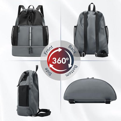 PinCute Drawstring Gym Bag for Men/Women - Mesh Beach Swim Bags Sports Backpack with Wet Pocket&Shoe Compartment, Lightweight - color: Dark Grey