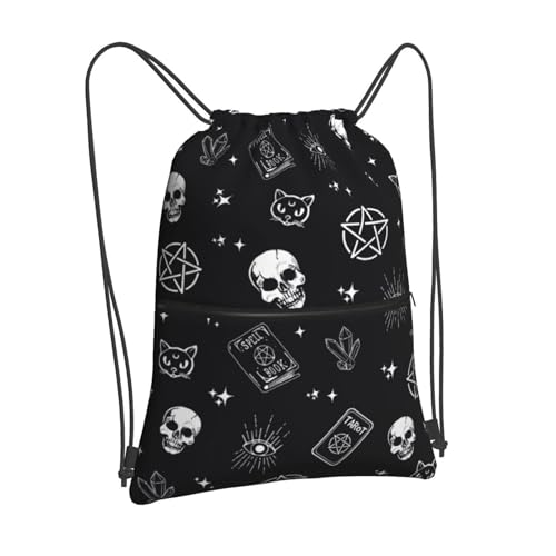 Gothic Skull Cat Magic Drawstring Bag, Halloween Goth Magic Book Drawstring Backpack, Light Large Capacity Durable String Sackpack, Waterproof Cinch Sackpack for Yoga Sport Gym Beach Shopping - color: Skull Cat