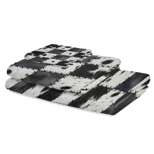 Black White Animal Printed Bath Towels Set of 3 for Bathroom,Soft Absorbent Shower Beach Hand Face Hair Yoga Workout Gym Towel Dish Wahcloth,Farmhouse Fur Texture Plaid Quick Dry Bath Towels+Set - color: Black, White, Grey