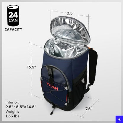 Titan by Arctic Zone Backpack Cooler, Insulated Soft Sided Bag with Leak Proof Lining and Padded Straps, for Lunch, Picnic, and Travel, 24 Can Capacity - color: Blue