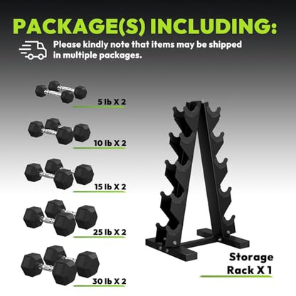 HANDBODE Rubber Coated Hex Dumbbell Set with A-Frame Rack, 100 lb - 600 lb Multiple Options Weight, Hexagon Non-Rolling Shape, Ergonomic Knurled Handle, Home Gym Equipment for Strength Training - style: 170 lb (5, 10, 15, 25, 30 lb) X 2 & Rack