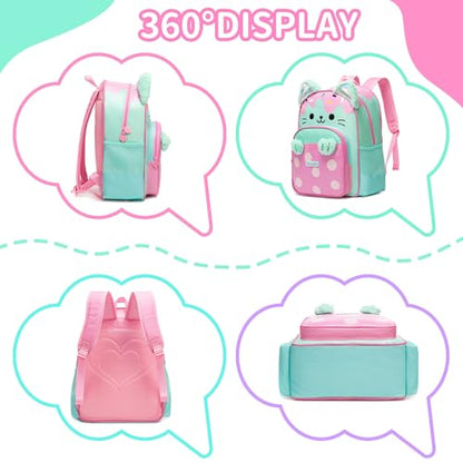 School Backpack for Girls,Cute Cat Kids Bookbag 3PCS Set with Lunch Bag Pencil Case,Elementary Girls Backpack for School,Lightweight Travel Daypack - color: Green Pink Cat