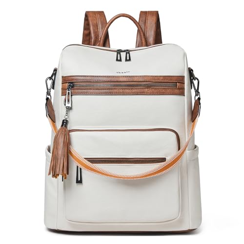 Shrrie 15.6 inch Laptop Backpack for Women,Large Leather Backpack Purse,Travel,Carry on,Water Resistant Casual Laptop Backpacks,College Backpack,Work Backpack for Women,Beige with Brown - color: Beige With Brown