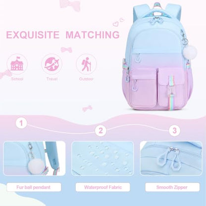 DIGOBAY 3PCS Girls Backpack for School, Kids Backpack for Girls with Lunch Bag Pencil Case, Kids Bookbag Teen Girl Backpacks for Elementary Middle High College School (Blue-purple Gradient) - color: Blue-purple Gradient