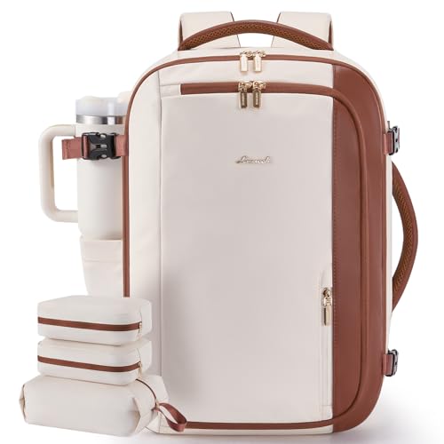 LOVEVOOK 40L Travel Backpack for Women,Carry on Luggage Backpack Flight Approved with 3 Packing Cubes,Waterproof Personal Item Travel Bag fits 17 Inch Laptop,Overnight Weekender Business Daypack - color: Beige White-brown, size: 17.3 Inch