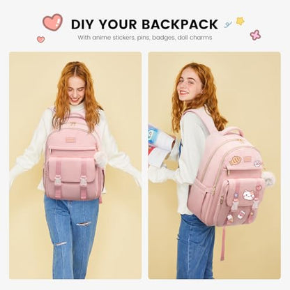 LOVEVOOK School Backpack for Teen Girls, Student Backpack Purse for 14-16 Teenage, Cute Kid Bookbag, Back to School Backpacks Fit 15.6 Inch Laptop, Large College Travel Bag, Pink - color: Pink