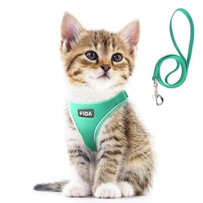 Fida Cat Harness and Leash Set for Walking Kitten and Puppy, Escape Proof Kitten Harness with Breathable Lightweight Soft Mesh, Adjustable Reflective Step-in Design. (XXS, Green) - color: Turquoise, size: XXS (Neck:11.4"-12.2"; Girth:12.6"-14.2")