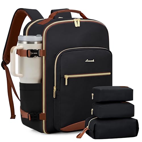 LOVEVOOK 50L Large Travel Backpack for Women Men Fits 17 Inch Laptop, Carry on Backpack for Traveling on Airplane, Personal Item Bag Airline Approved, Business Causal Weekender Backpack, Black-Brown - color: 1 Black-brown, size: 50L-18.3 Inch-4Pcs