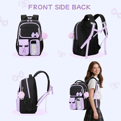 Girls Backpack, School Backpack for Girls, Cute Bow Kids Bookbag for Grils Children Teens for Elementary Middle High School Student, Back To School, Black Purple 3pcs - color: Black Purple-3pcs