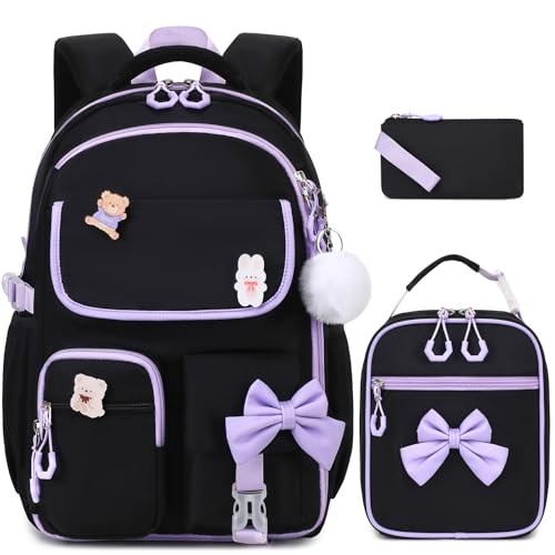 ACESAK Girls Backpack - 3PCS Backpack for Girls Cute School Backpacks for Girl Kindergarten Elementary Preschool Middle Kids School Bags with Lunch Box Pencil Case Set (Black-Purple) - color: Black Purple