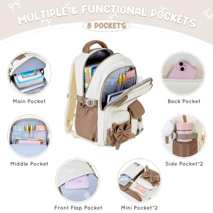 Kids Backpack for Girls, 3PCS School Backpack Set with Insulated Lunch Box & Pencil Case, Waterproof Lightweight Bookbag for Elementary & Middle School, Cute Bow Travel Daypack Brown-Beige - color: Brown-beige